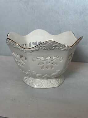 PS Paul Sebastian Limited Edition 1996 Ivory Bowl Candy Candle Holder Gold Trim